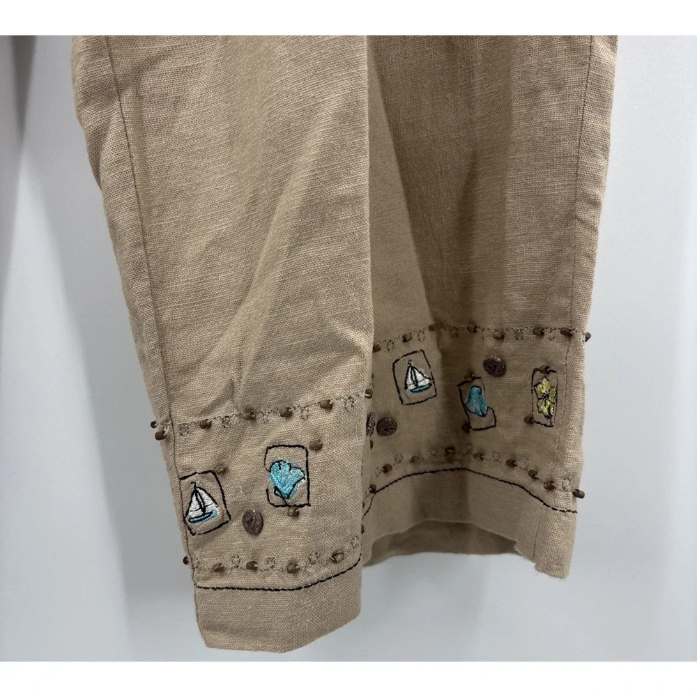 CJ Banks Linen Cotton Wide Leg Pants Womens 14W Beige Neutral‎ Embroidered Boho